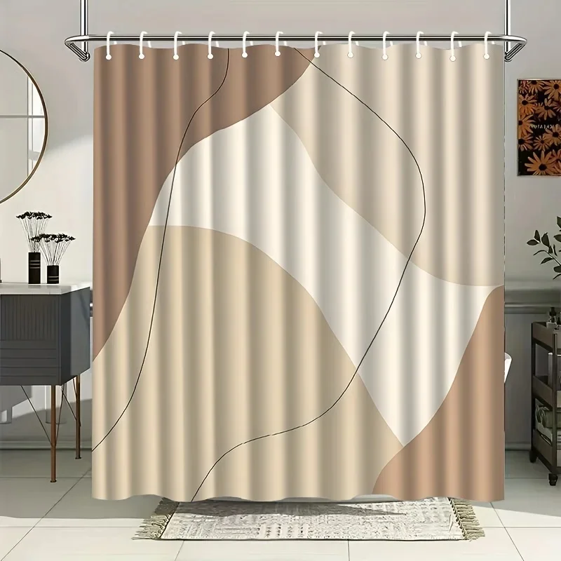 VIKAMA Boho Abstract Geometric Shower Curtain Neutral Brown Beige Line Art Print Waterproof Fabric Bathroom Curtain