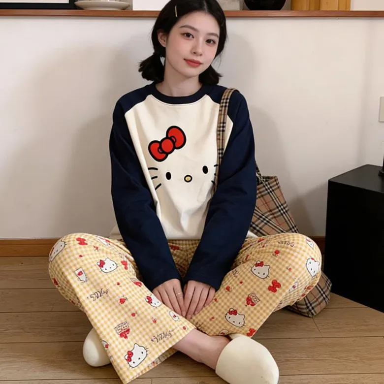 

Популярный комплект пижам с милым мультяшным принтом Hello Kitty для женщин, школьная пижама, осенняя пижама с длинными рукавами и брюками, домашняя одежда, милая повседневная одежда для дома