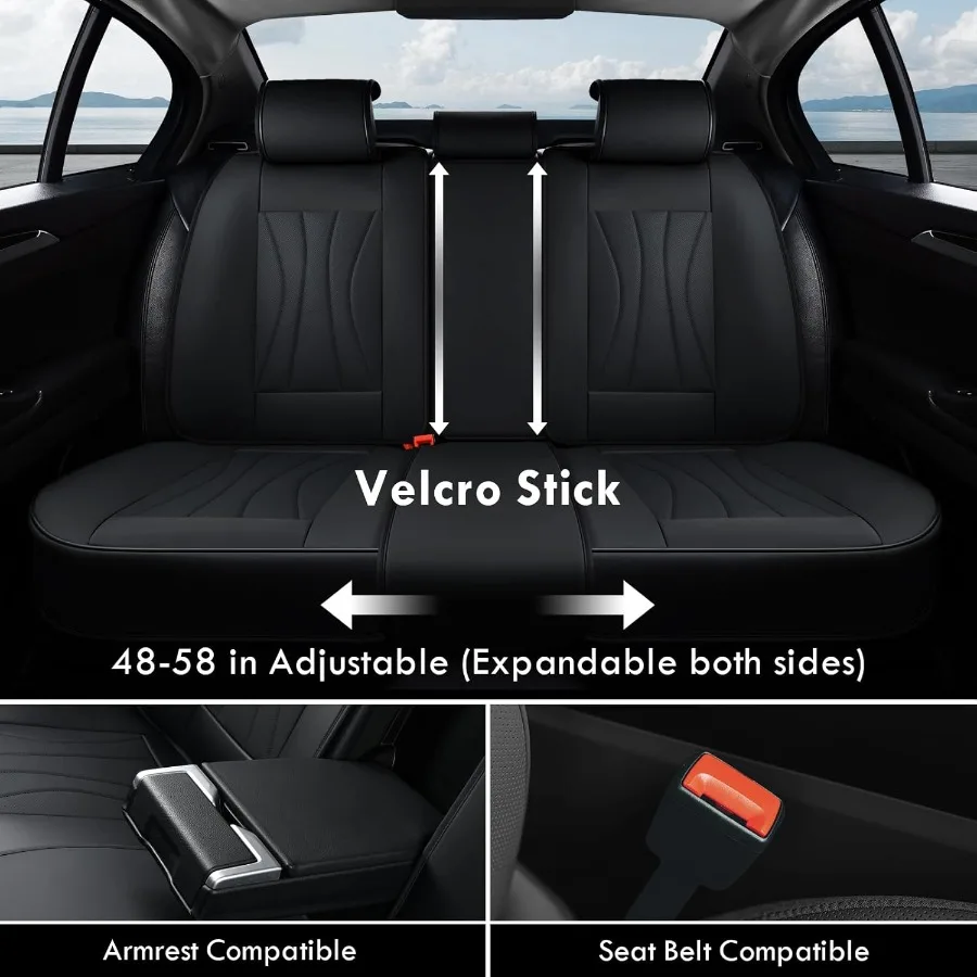 مجموعة كاملة من أغطية مقاعد السيارة الفاخرة المصنوعة من الجلد الصناعي باللون الأسود للمقاعد الأمامية والخلفية المقاومة للماء مع وسادة Unive