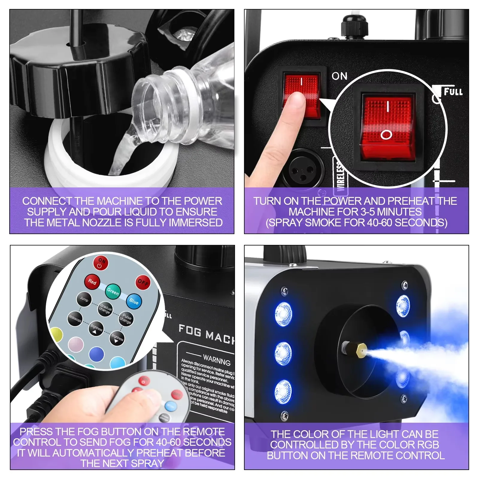 1200W Fog Machine LED RGB Remote Control DJ DMX512 Smoke Machine Stage Effect Fogger for Party Nightclub Event Disco Wedding