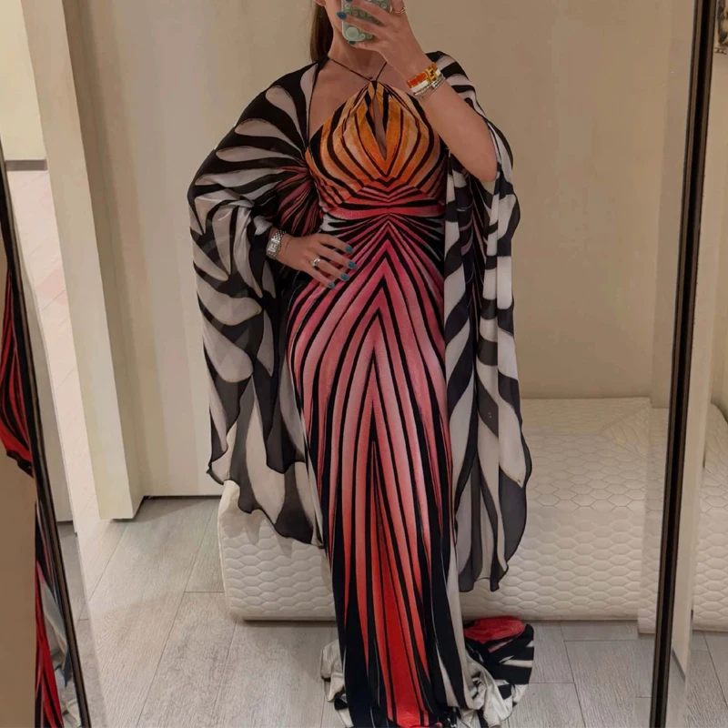 Women Gradient Print Maxi Dress Sexy Halter Deep V Neck Cape Sleeve Bodycon Mermaid Dress Fashion Evening Party Long Gowns Dress