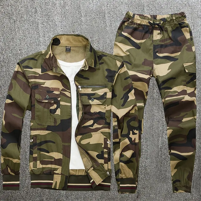 

Men's Suit Summer Work Clothes Thin Breathable Cotton Stretch Welder Long Sleeve Dirt-resistant Multiple Pockets Camouflage Suit