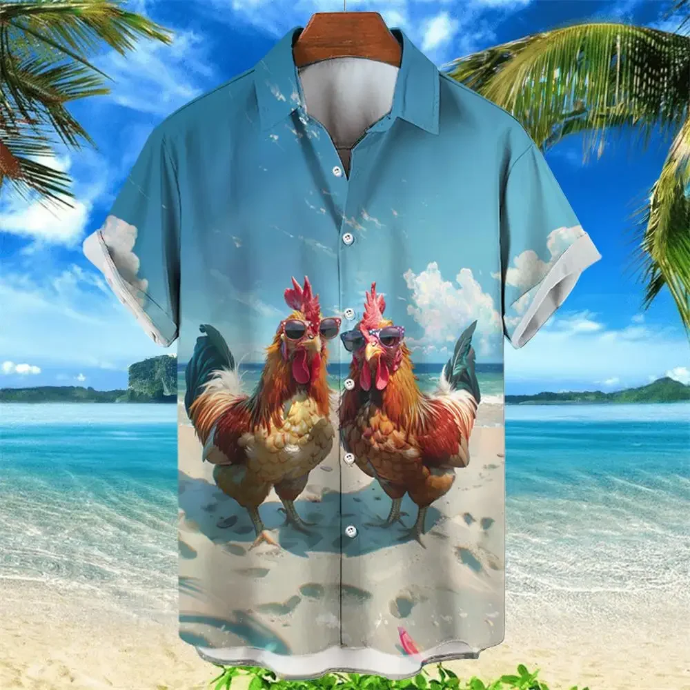 Camisa de praia de manga curta masculina, camisa havaiana, gráfico de galinha, estampas 3D, estilo havaiano, moda verão, camisa unisex aloha, 2024