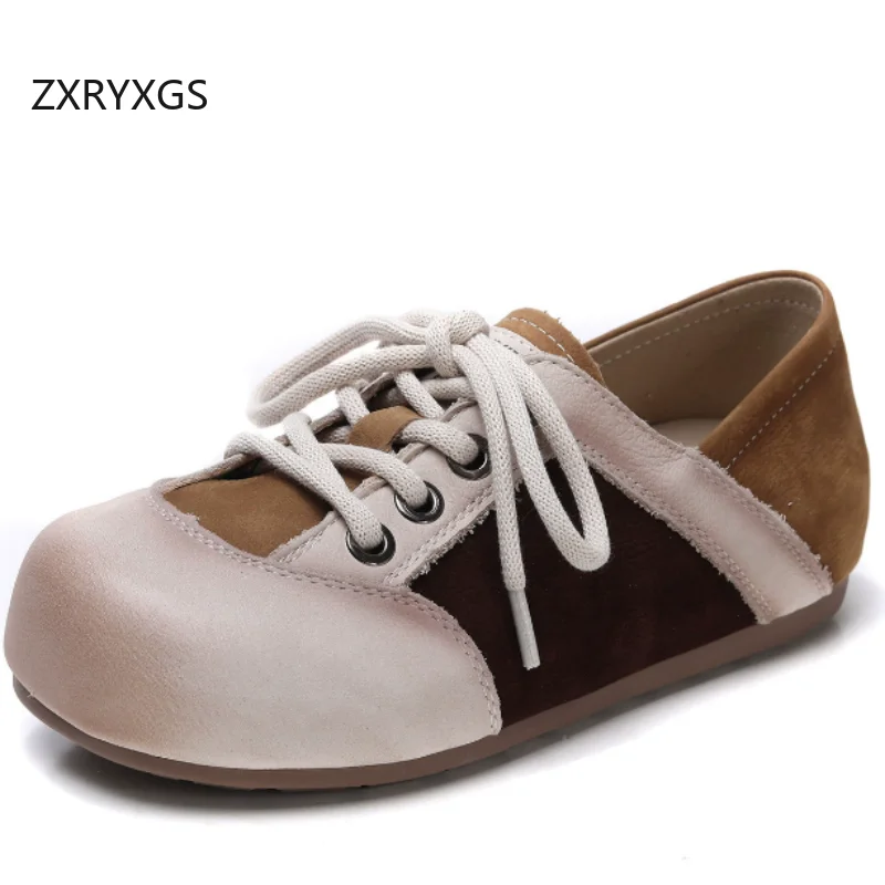 ZXRYXGS 2026 Top Layer Cowhide Splicing Spell Color Full Real Leather Sneakers Fashion Casual Sneakers Women Travel Shoes Flats