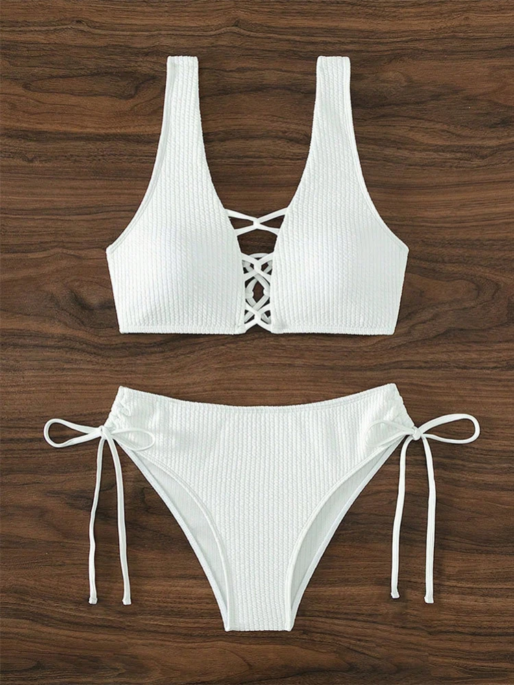 Costumi da bagno donna Sexy imbottitura da spiaggia Bikini a vita alta costume da bagno Bikini a due pezzi senza schienale in tinta unita