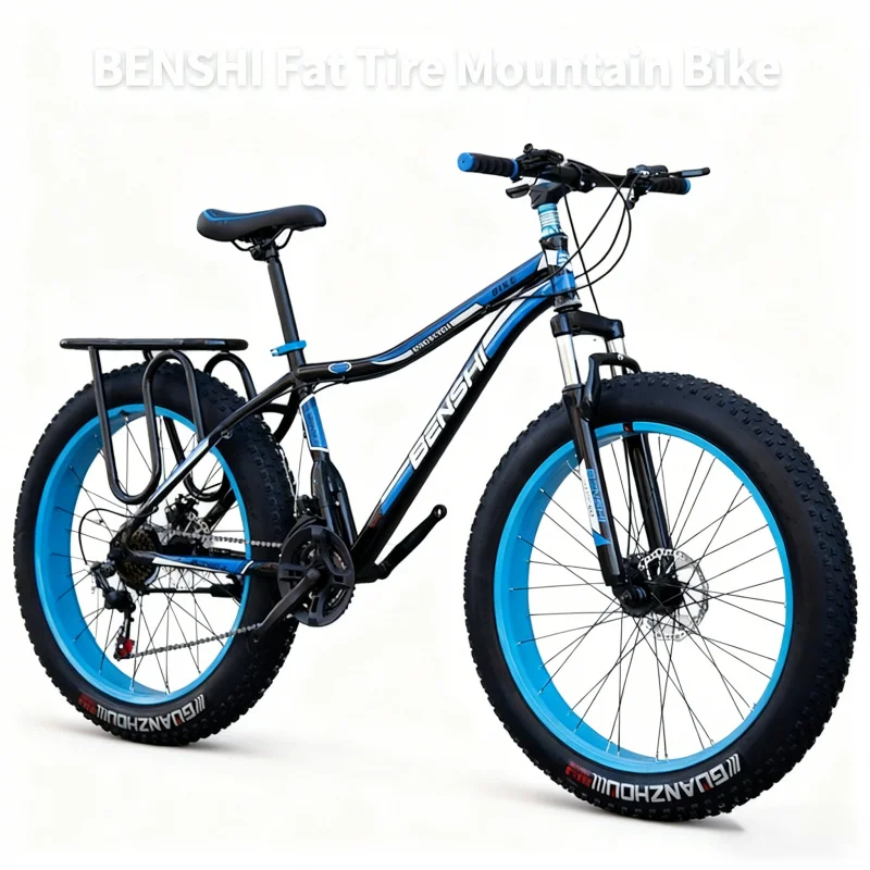 Schwarz und Blau, großes Reifenfahrrad, Erwachsene, Herren, variable Geschwindigkeit, dick, breit, Schnee, Mountainbike, Offroad, Fatbike, Strand, Stoßdämpfung