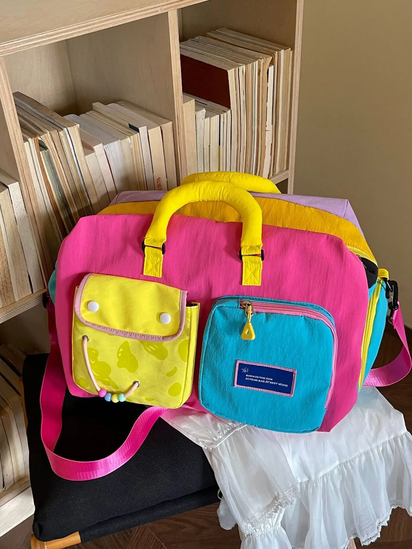large-capacity-sport-fitness-bag-ladies-short-trip-travel-bag-check-color-dopaamine-bag-carry-on-luggage-bag-for-traveling