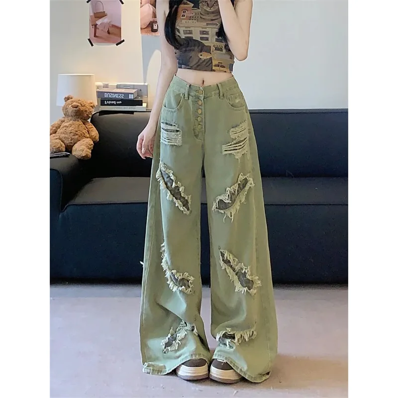 อเมริกัน Retro Wasteland Fengshui ซักผ้าเก่า Ripped กางเกงยีนส์ผู้หญิงฤดูร้อนฤดูใบไม้ร่วงสไตล์ใหม่ High-End Niche กว้างขากางเกง