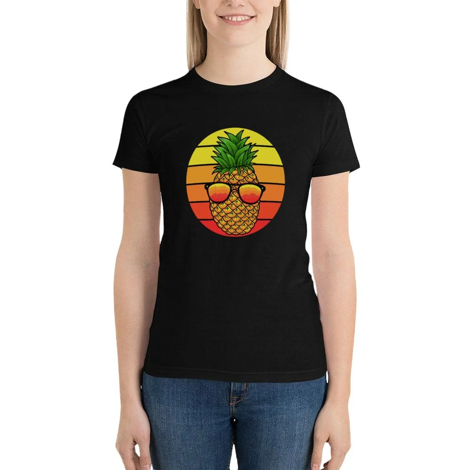 Cool Pineapple With Sunglasses & Sunset background- Retro Sunset T-Shirt anime clothes Blouse Aesthetic clothing Women clothes