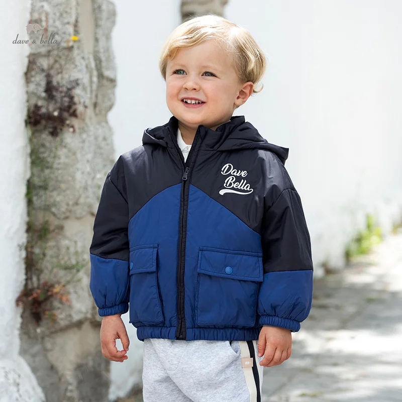 Dave Bella Autumn Winter Children Jacket Boys Warm Thicken Hooded Navy Blue Jackets Coat Kids Clothes Outerwear DB3241970
