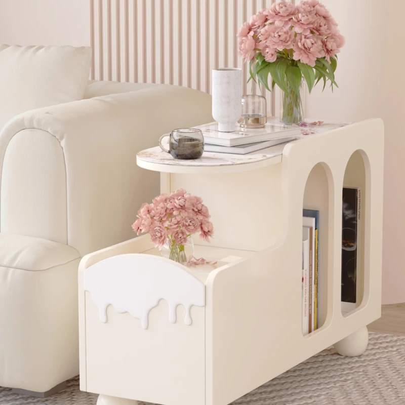 

Cream Style Side Table High-Grade Sofa Side Cabinet Storage Cabinet Stone Plate Small Coffee Table