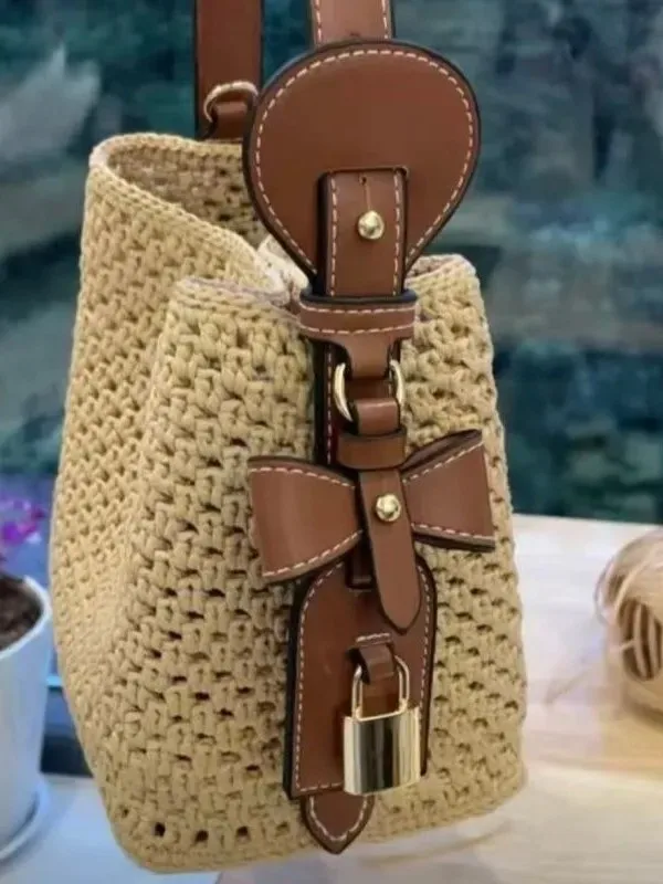 New 2023 BB Laidi Grass Woven Handbag Women's Shoulder Crossbody Bag Bucket Style Floral Pattern DIY Braiding Material Kit
