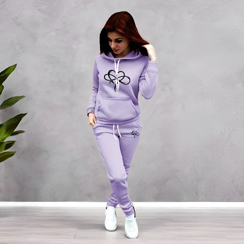 Daily Wear 2026 Spring Ladies Two Piece Set Outfits Women's Fashion Casual Printing Hooded Tracksuit Quality Daily Jogging Sport