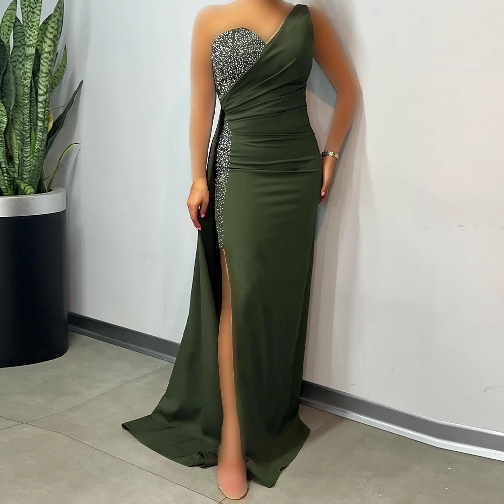 

One Shoulder Evening Dress Jersey Sleeveless V-Neck Floor Length Panel Train Crystal Side Slit Pleats Temperament and Sexy