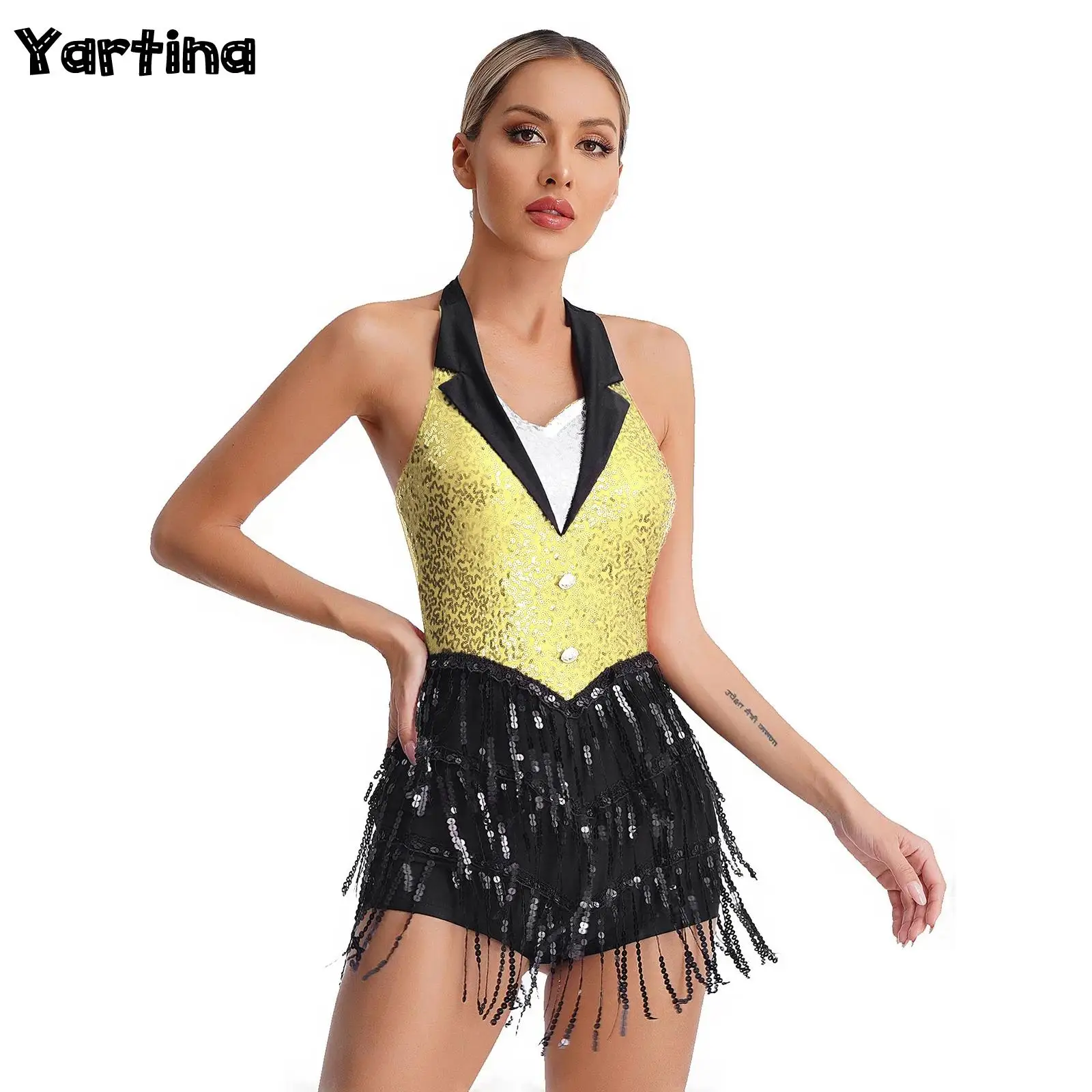 

Women Tassel Fringe Latin Dance Leotard Dresses Sequins Backless Cha-cha Ballroom Dance Costume Fringed Swing Unitards Dress