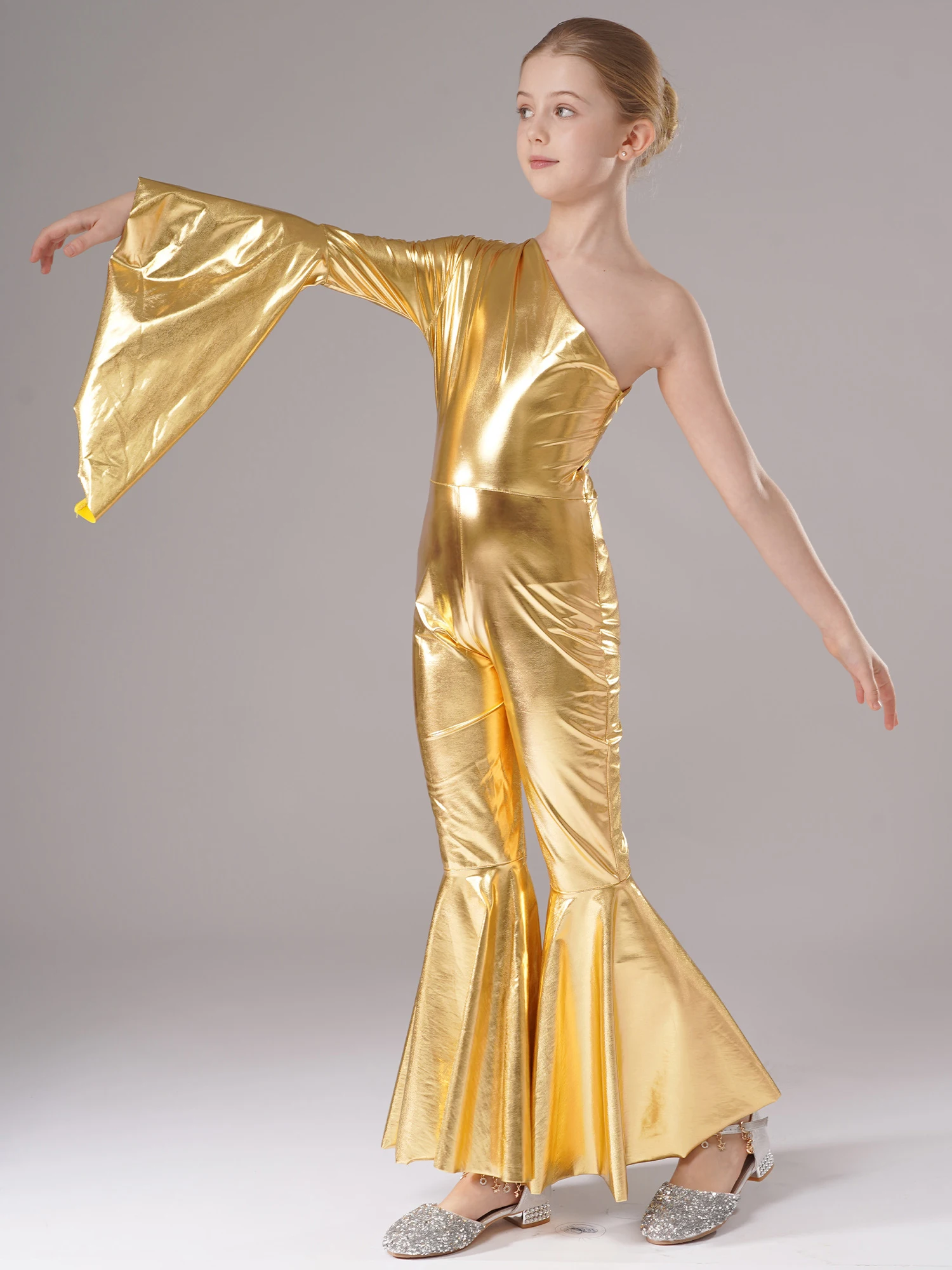 Meninas ginástica unitard ballet jazz dança desempenho trajes metálico brilhante um ombro pageant playsuit catsuit