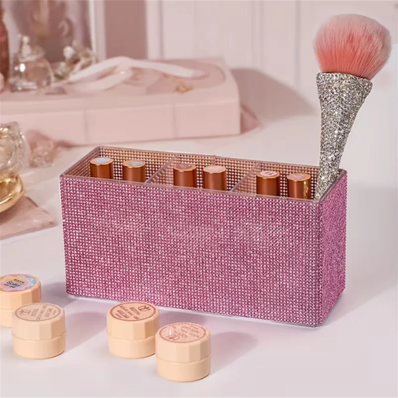 Organizador de pincel de maquiagem com strass brilhante, com 3 compartimentos, grande capacidade, pincéis de maquiagem, batom, ferramentas cosméticas, caixa de armazenamento
