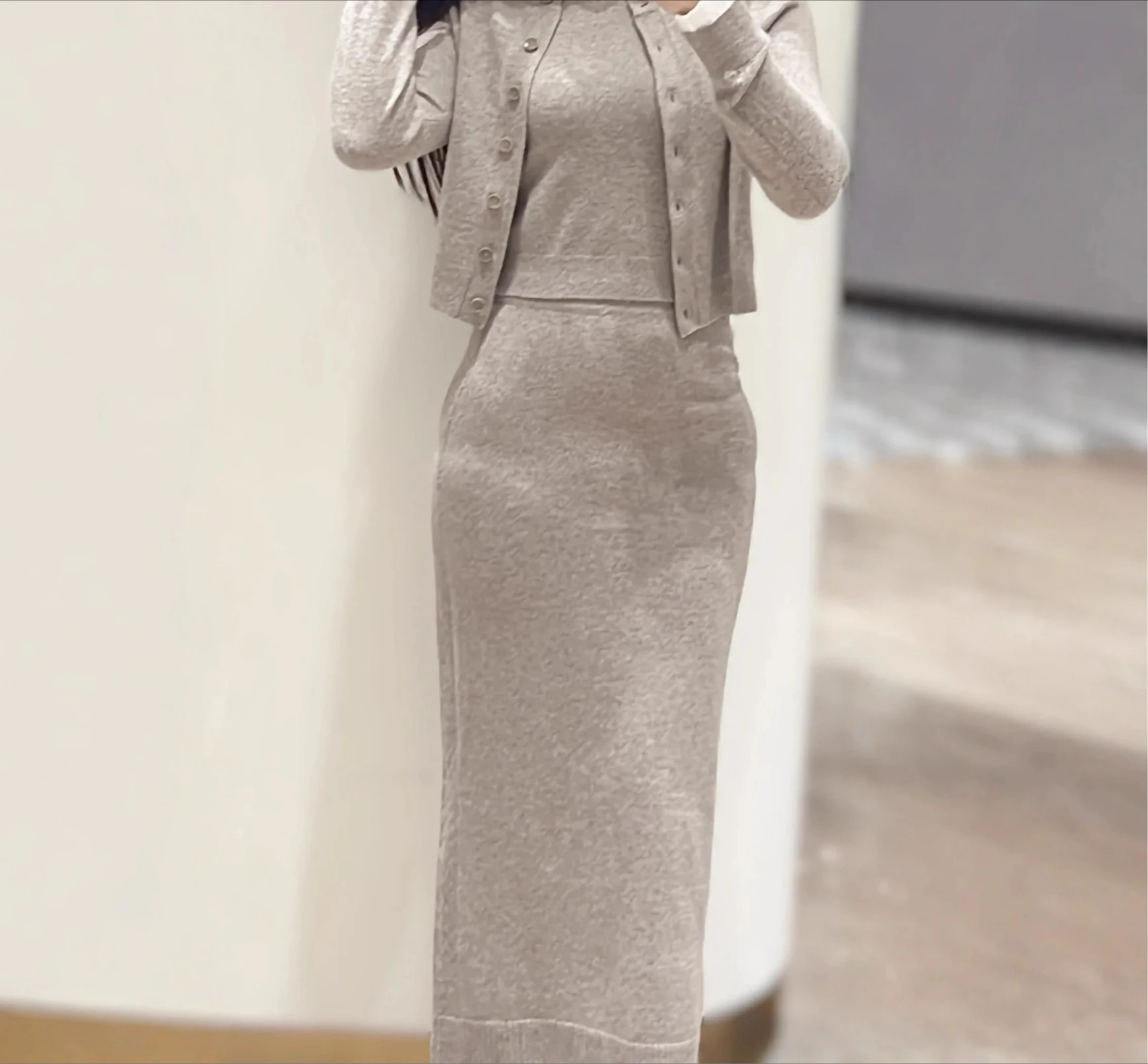 

Women's elegant three piece set knitted long sleeved cardigan or sleeveless vest paired with slim fit skirt