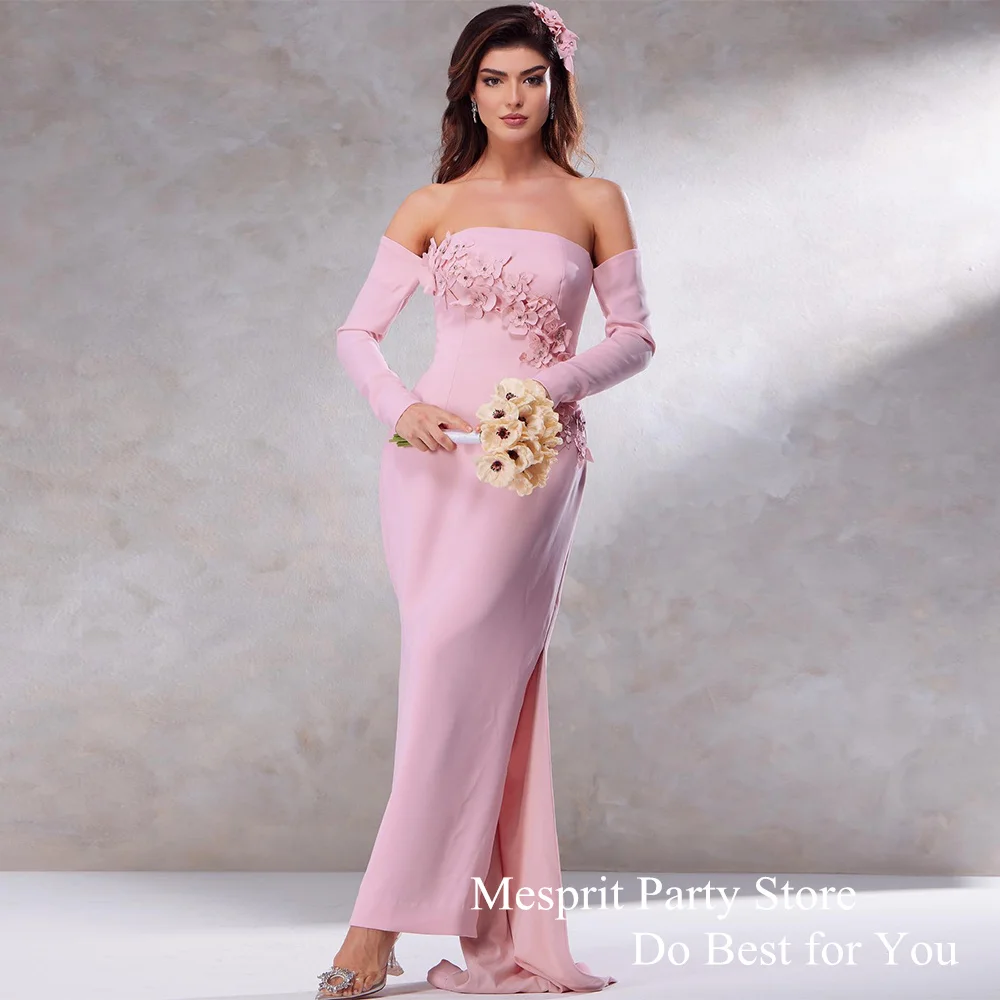 

Mermaid Evening Dress Custom Color Strapless Long Sleeves Handmade Flowers Side Slit Jersey Saudi Arab Prom Gown Party Dresses