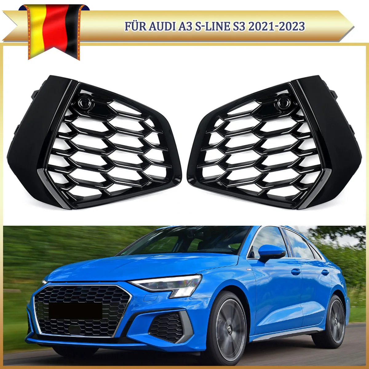 Glänzend Schwarze Grillabdeckungen für Audi A3 S-Line S3 Limousine 2021 2022 2023 RS-Style Nebelscheinwerfer Grill Frontstoßstange Untere Seitenteile
