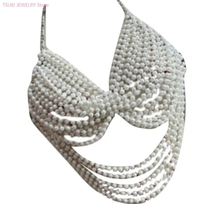 62KE Pearls Body Chain Bra Multilayer Pearls Chest Chains Body Accessories Jewelry for Women Girls Nightclub Raves Body Jewelry