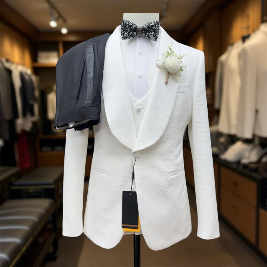 

Floral Fashion Groom Tuxedo for Wedding Party Shawl Lapel Formal Men Suits 3 Pieces Suit Set Jacket with Vest Black Pants