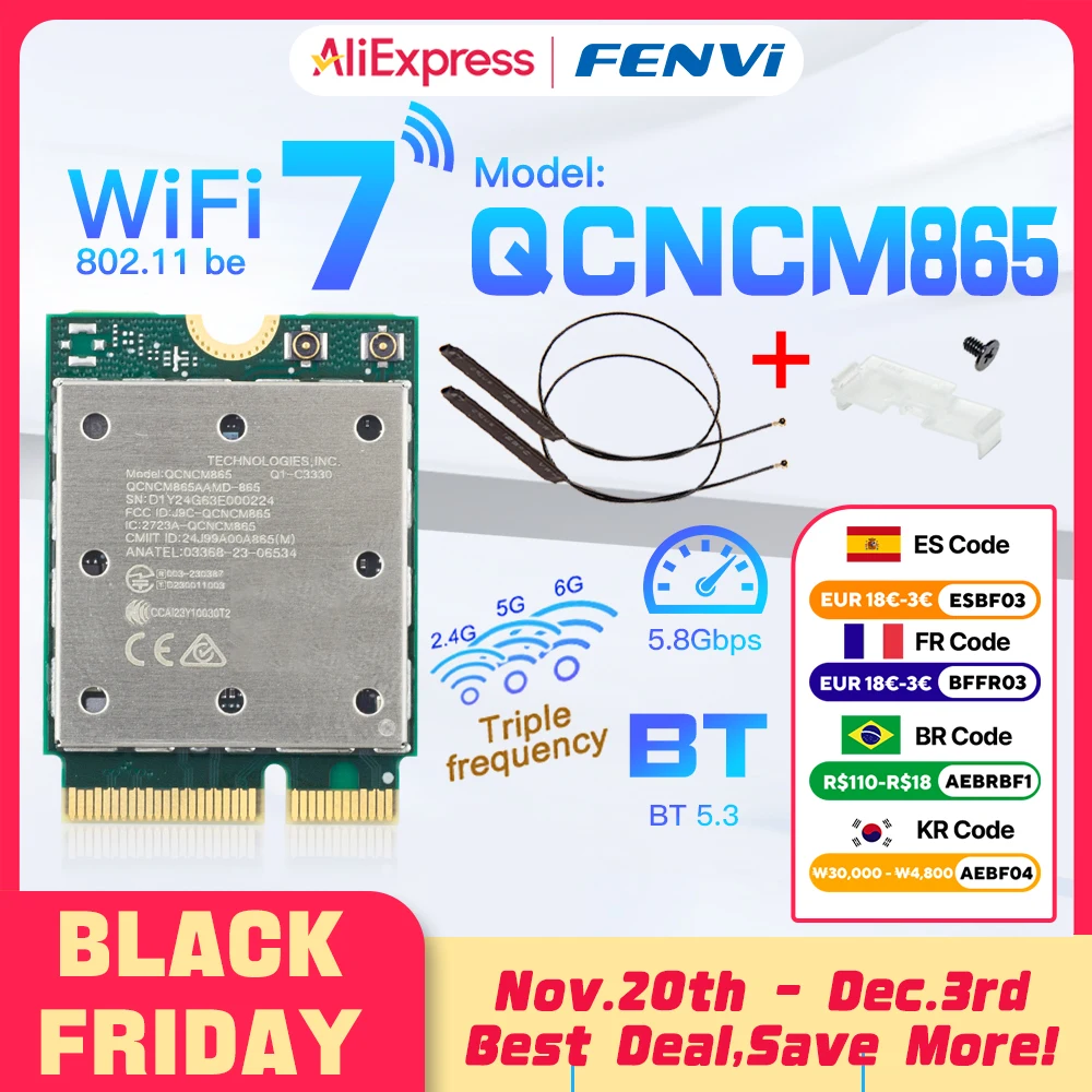 fenvi Wifi 7 QCNCM865 M.2 Network Card Bluetooth 5.3 up to 5.8Gbps Better than Wifi 6E Wlan Wireless Adapter Only for Win 11Wu