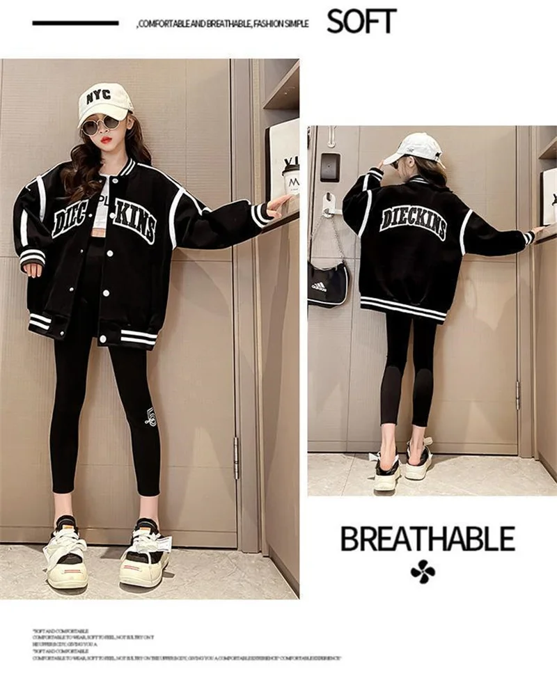 2023 New Fall Baseball Jacket Spring Girls Cartoon Letter Print Coats Kids Fashion Sport Outerwear Children\'s Clothing 4-14 Year