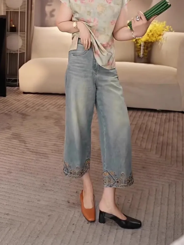 

Elegant High Waist Slimming Floral Embroidery Ethnic Style Women's Jeans High Waist Wide Leg Pants Summer 2025 New Arrival