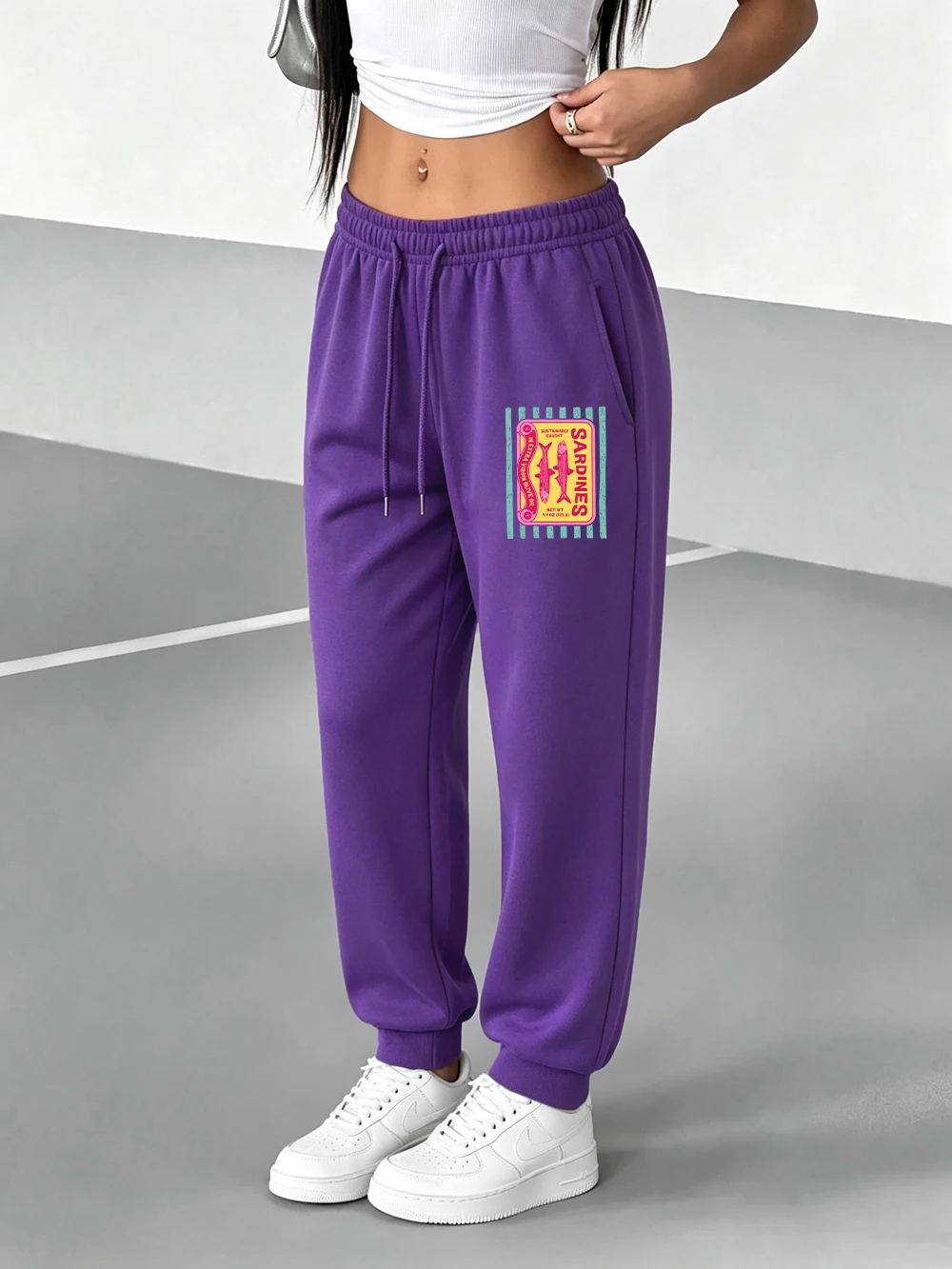 Canned Sardines Retro Graphic Printing Sweatpants Women Winter Fleece Warm Pants Basics Pocket Trousers Casual Loose Clothes