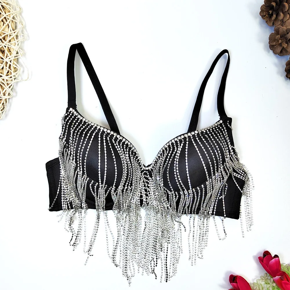

Sexy Rhinestone Beaded Fringe Bustier Top – Open Back Corset Bra for Belly Dance, Clubwear, and Lingerie Outerwear Women Bra
