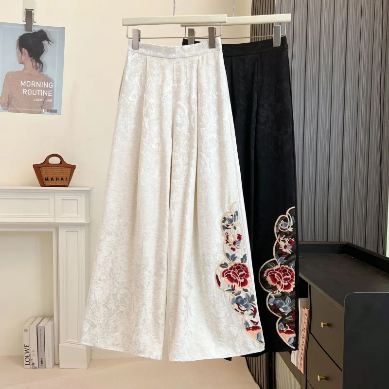New Chinese Style Heavy Embroidery Floral Patterned Wide Leg Pants Straight Cut Drapey Fabric Retro Revamped Autumn Collection