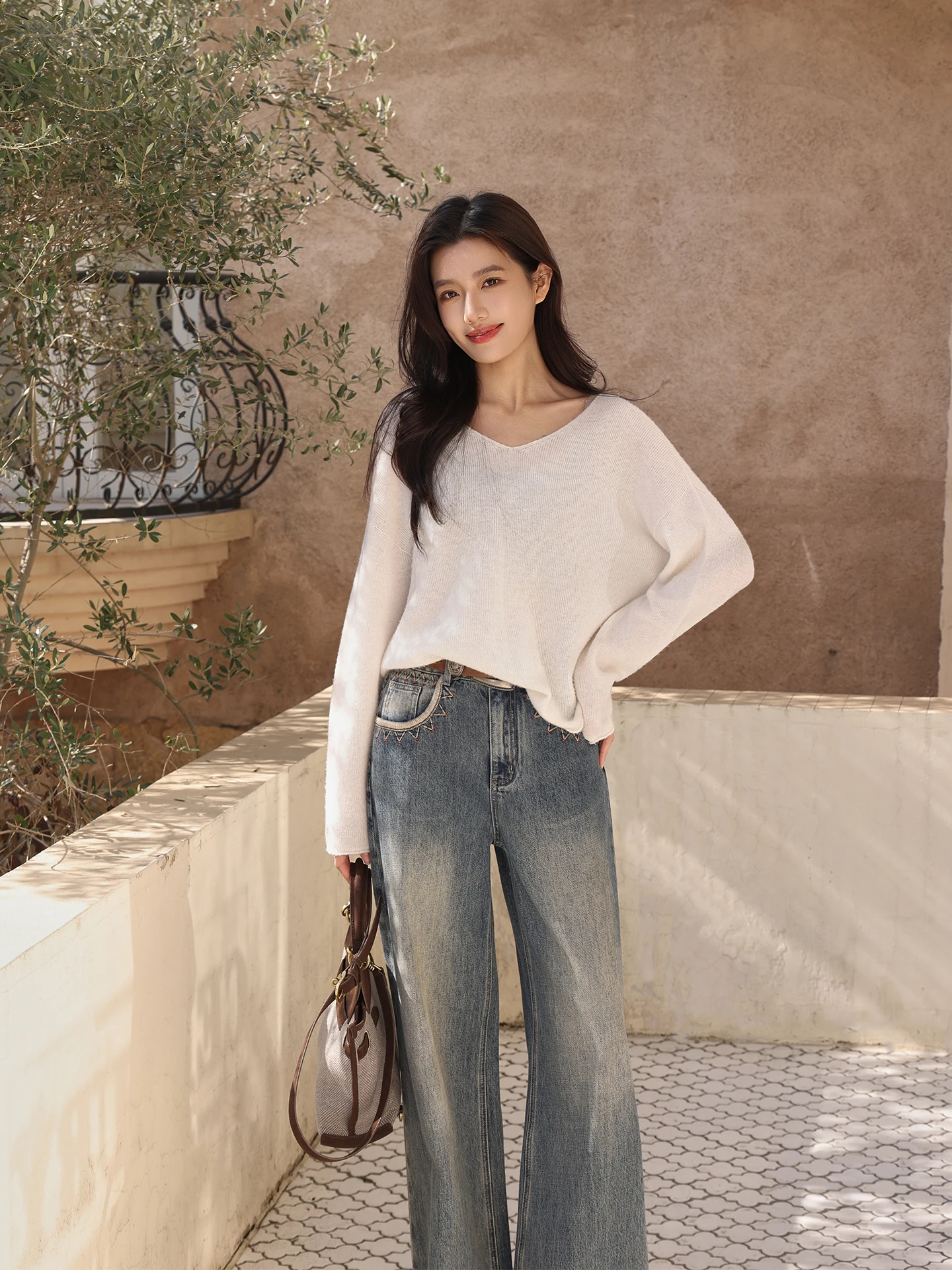 

Свободный вязаный свитер с круглым вырезом и узором «Галактические звезды» для женщин, повседневное пальто средней длины с длинными рукавами, бренд ME