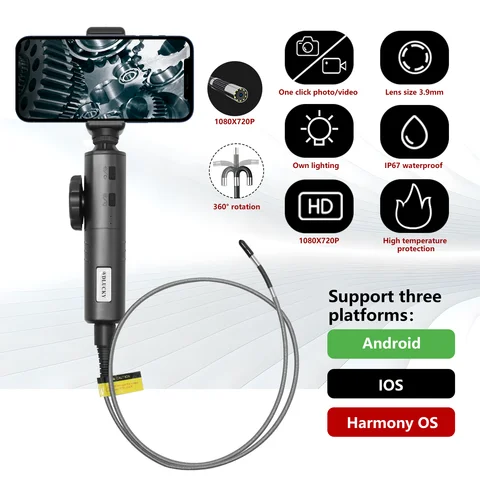 WDLUCKY 360° Two-Way Articulating Borescope Industrial Endoscope 3.9mm Car Sewer Inspection Camera with Light for  IOS Android