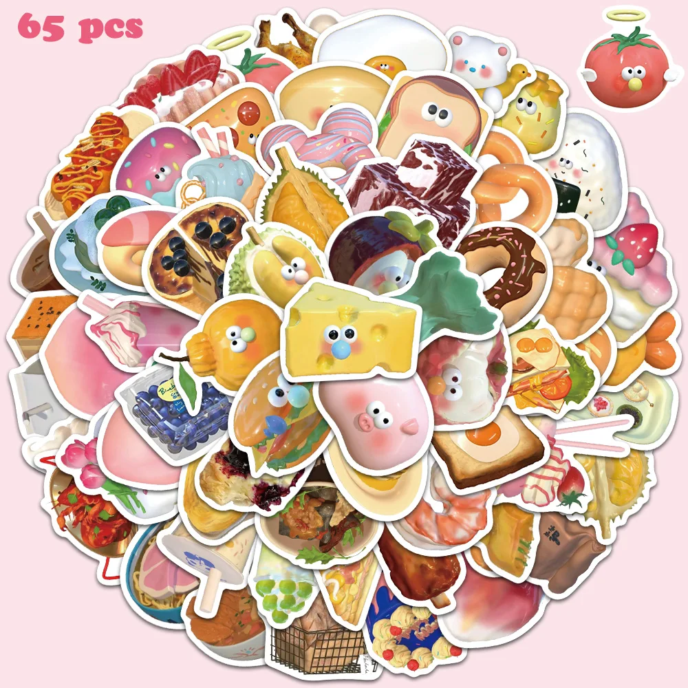 65pcs Cartoon 3D Style Food Sticker Creative Funny For Laptop Diary Phone Fridge Closet Wallet Backpack Decorative Sticker