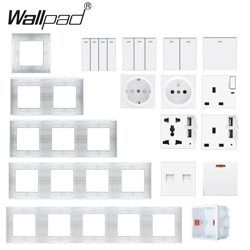 DIY Metal Frame 12 3 4  Gang Switch Power Socket UK Universal USB Wall Outlet Silver Metal PC Function Key DIY S6 Series Wallpad