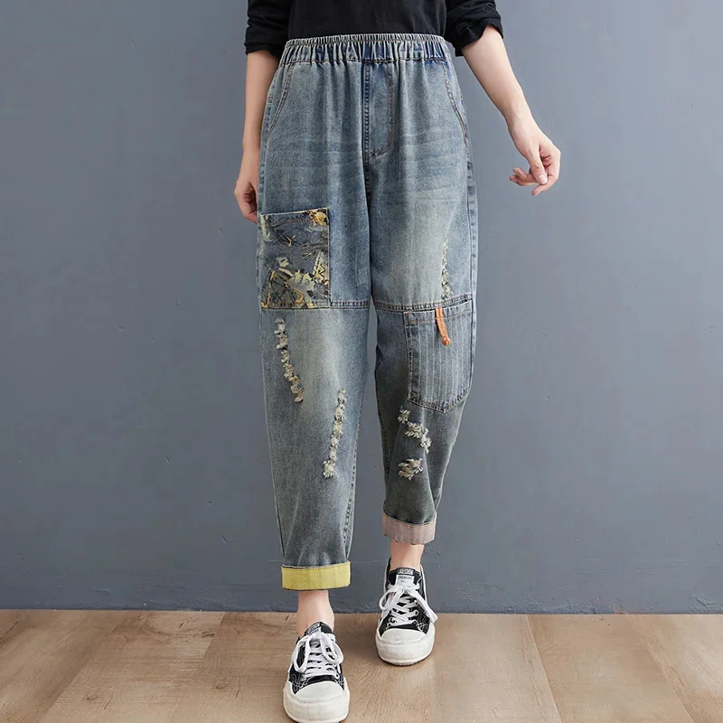 Spring Summer Blue Harem Jeans Women Holes Loose Vintage Denim Jeans Female High Waisted Ripped Jeans Femme Ankle-length Patch