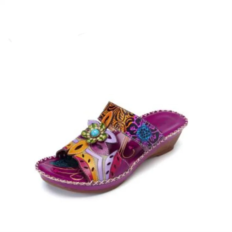 Wedge Slippers Colorblock Tribal Floral Pattern New Women's Platform Slides Tribal Floral Print Sandals Women Ethnic Shoes