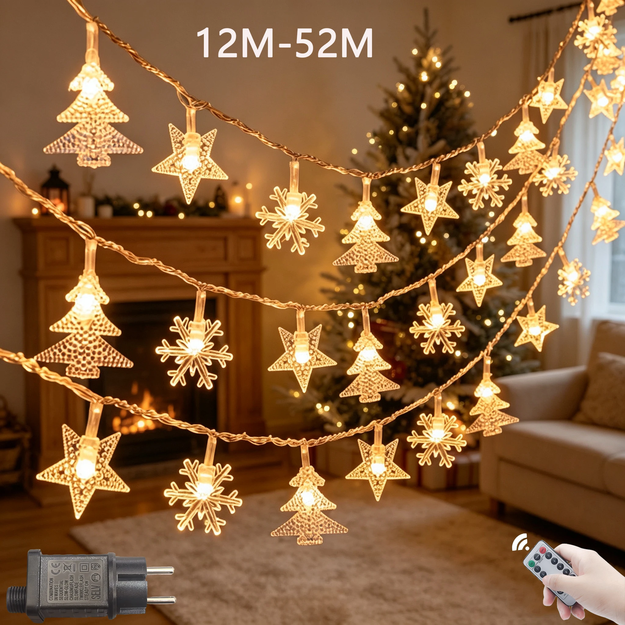12m-50m Snowflake Star LED String Lights Christmas Decoration 2027 Light Garland Outdoor For Home Xmas Tree Decor Fairy Light