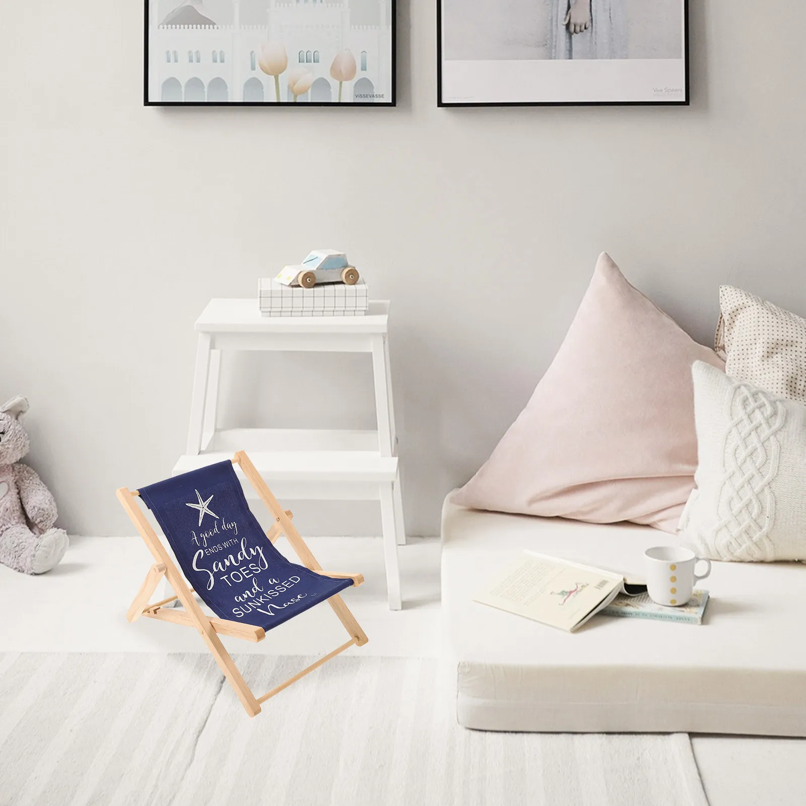 

Large Wooden Beach Chair Decor Mediterranean Style Thick Striped Cloth Landscape Ornament Home Desktop Tabletop Decoration