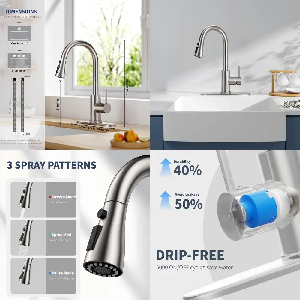 Torneira moderna de cozinha com pulverizador pull-down de alça única de arco alto em níquel escovado para RV, lavanderia, bar e fazenda