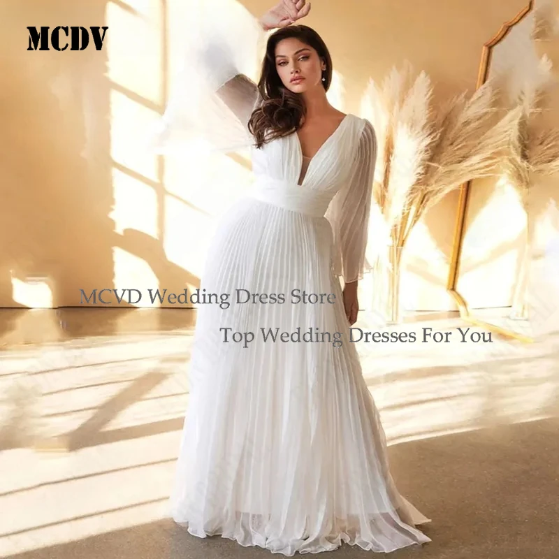 

MCDV 2024 New Chiffon Long Sleeves A Line Wedding Dress For Plus Size Brides High Waist Pleated Bridal Gowns