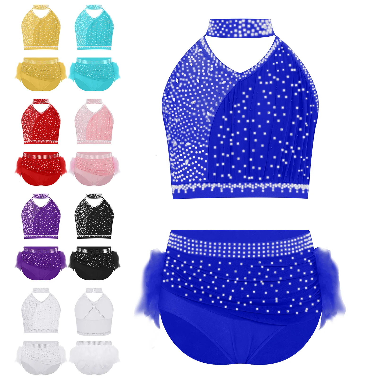 

‌Sparkly Rhinestones Lyrical Dance Costume Set for Girls Ruched Crop Top with Dance Briefs Feather Polyester Nylon Spandex
