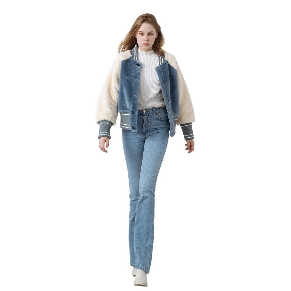 Fur One-piece Women\'s Winter Wool Baseball Genuine Leather Jacket Blue Sheep Shearing Wool Women Bat Sleeve Real Fur Coat