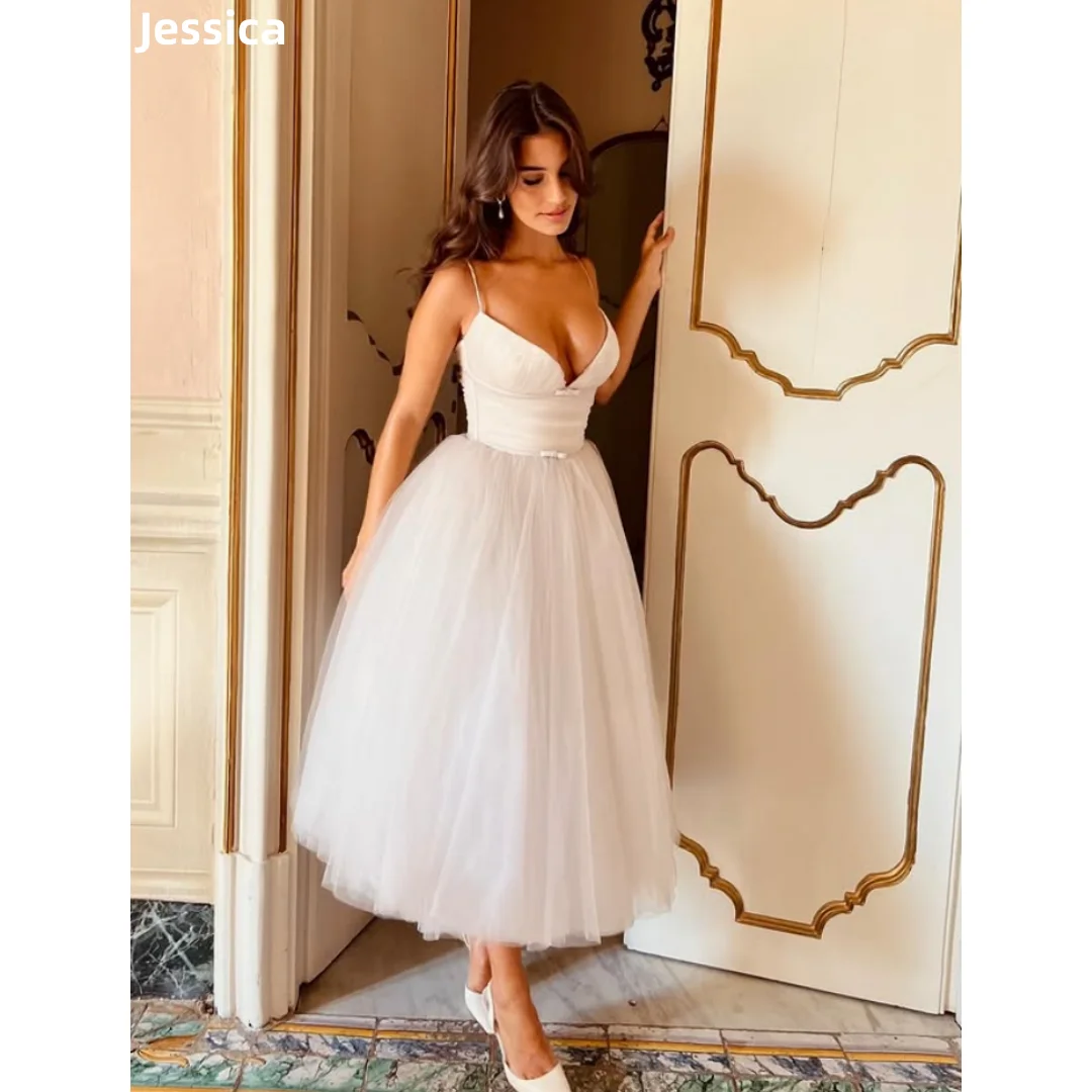 

Jessica Pleated Bow Evening Dresses Fairy White Tulle Ankle Length Prom Dresses Elegant Lady Wedding Party Dress Customized