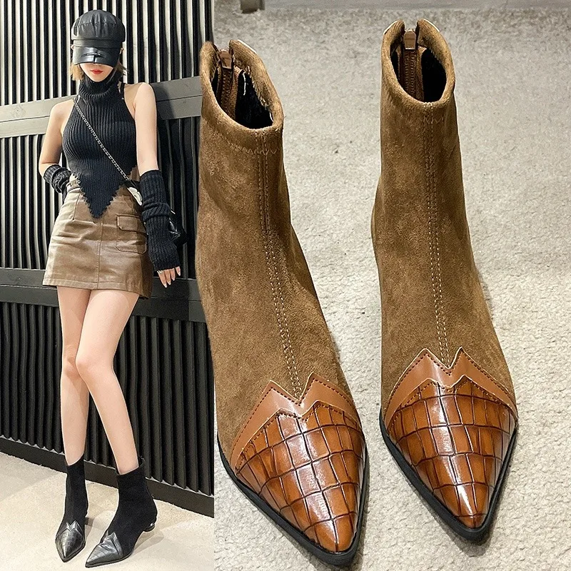 Spitze Zehen-Booties, modische, getäfelte Wildleder-Reißverschluss hinten, rutschfeste, verschleißfeste Schuhe mit Blockabsatz