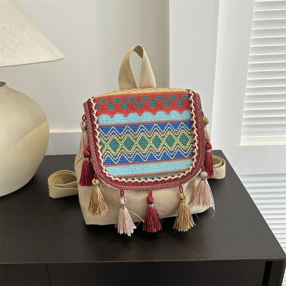 

Retro Ethnic Styles Backpack Tassel Canvas Female Bag Large Capacity Tour Packages