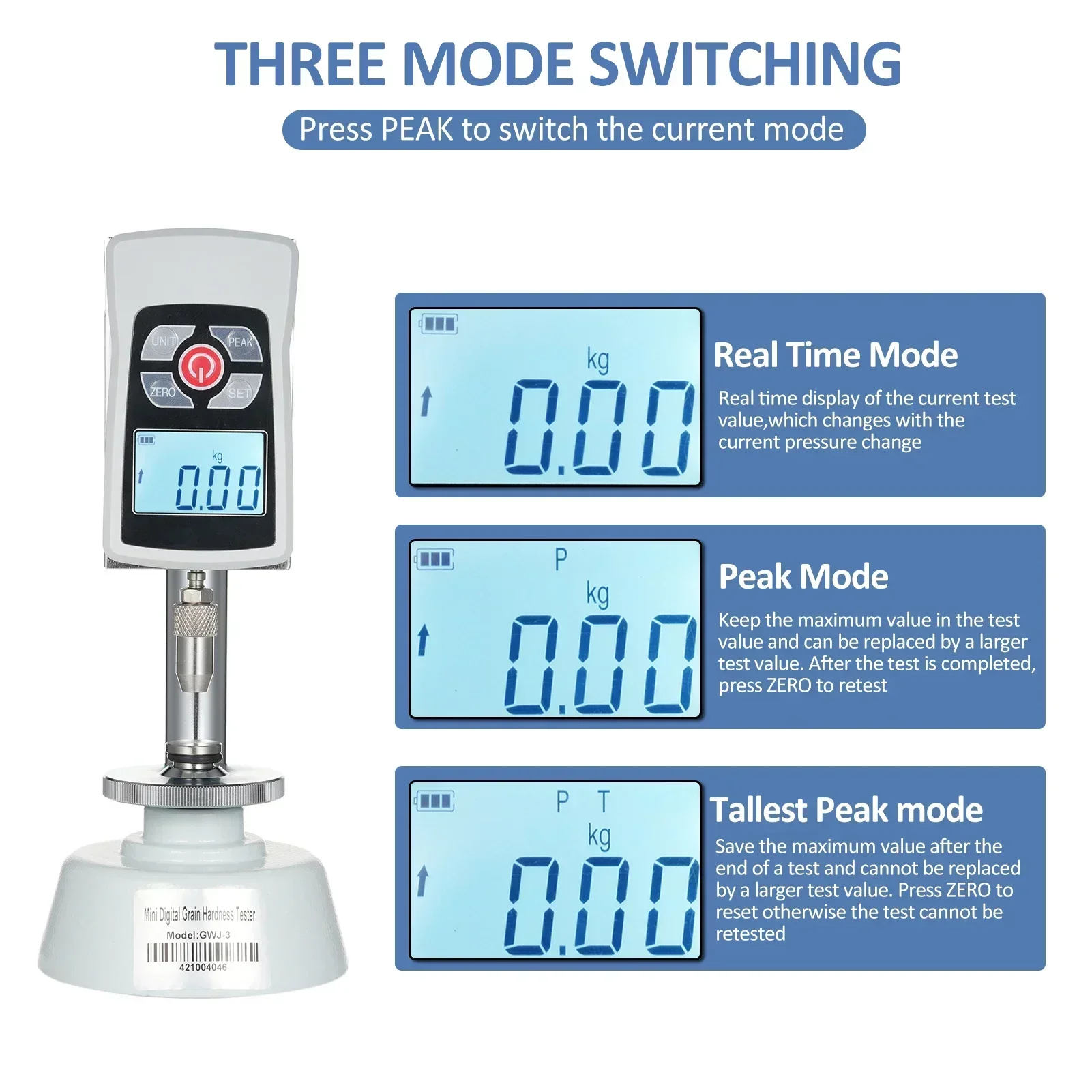 Grain Hardness Tester Meter Mini Grain Durometer for Seed Fodder Paddy Rice Cereal Load Value 20KG 196N Load Value 0.01kg 0.1N