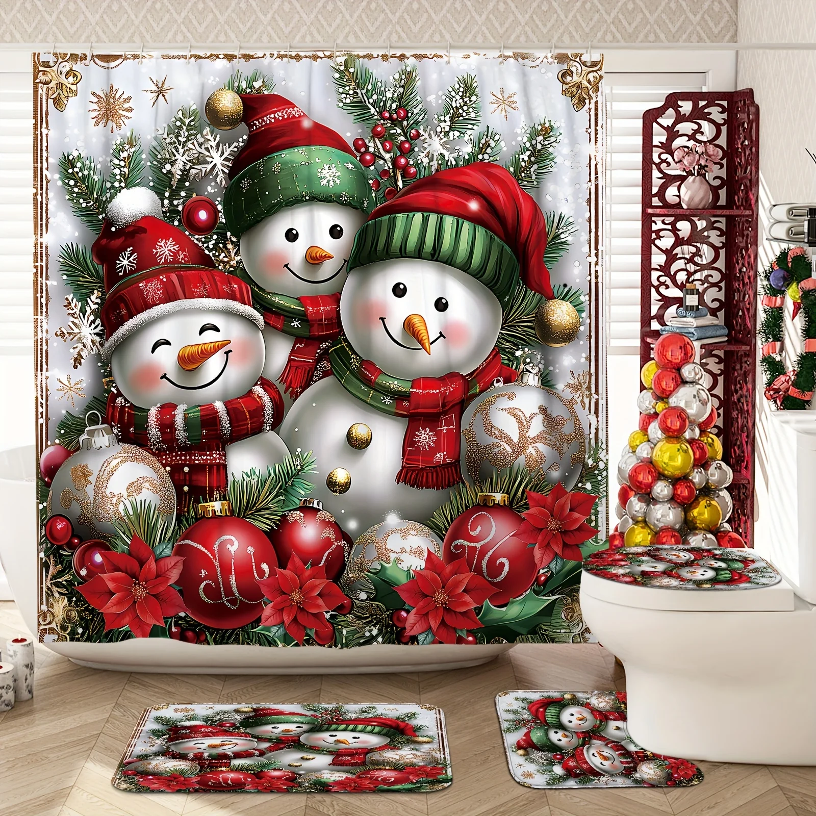 4PCS Christmas Snowman Shower Set – Red Green Holly & Ball Print 12 Hooks Non-Slip Mat U-Seat Cover Holiday Decor