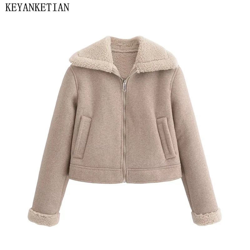 KEYANKETIAN 2024 Winter New Women's Double Faced Fur Jacket Street style Loose Turn Down Collar Zipper Cropped Blazer Greatcoat